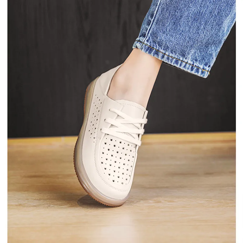 Sneakers Women's First Layer Cowhide Small Leather Shoes 2023 Openwork Summer New Single Shoes Two Soft Side Small White Shoes