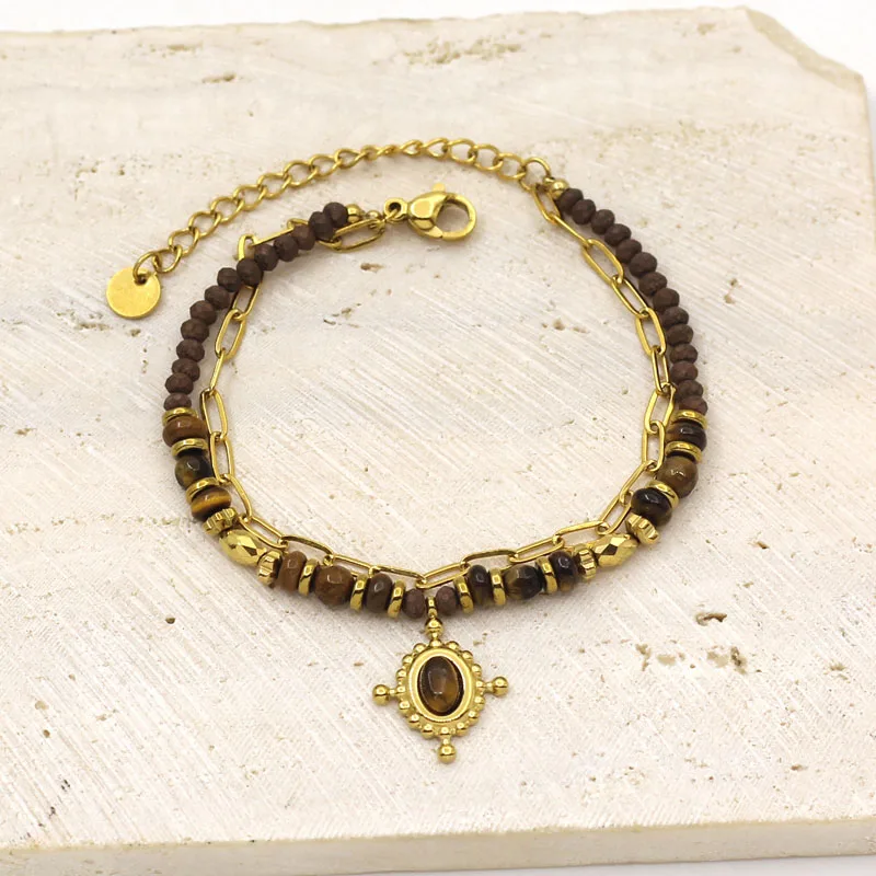 Позолоченный браслет из нержавеющей стали с тигровым камнем для женщин