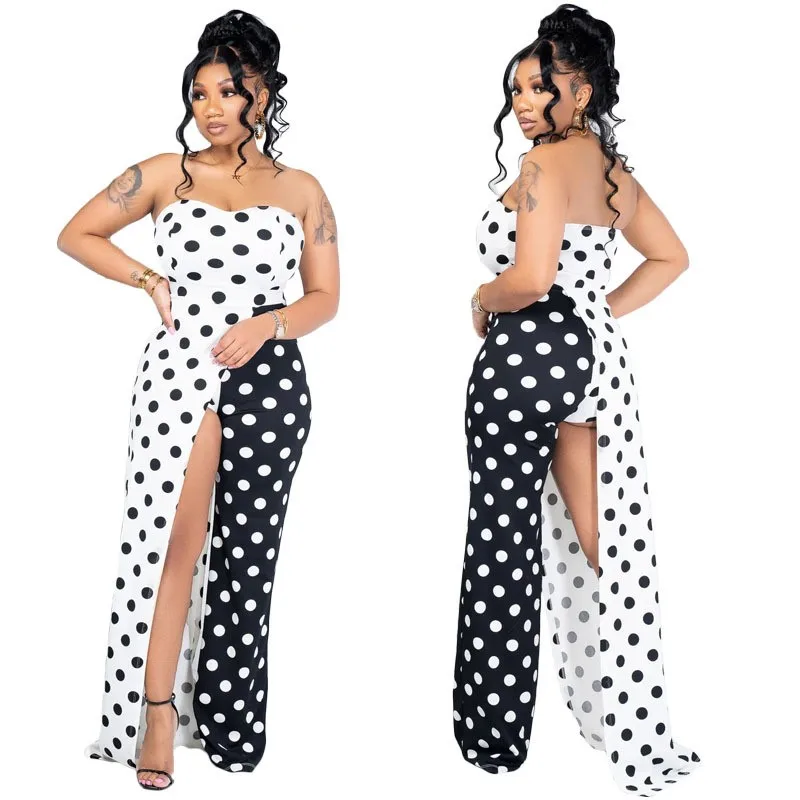 Elegant Ladies Clothes Jumpsuit Bodysuit Sexy Backless Tube Top Women's Loose Slit African JumpsuitPolka Dot  2023 Summer Black