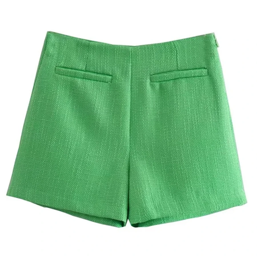 

Maxdutti 2022 Wholesales England Style Fashion Vintage Pockets Green High Waist Texture Harem Bermuda Casual Shorts Women