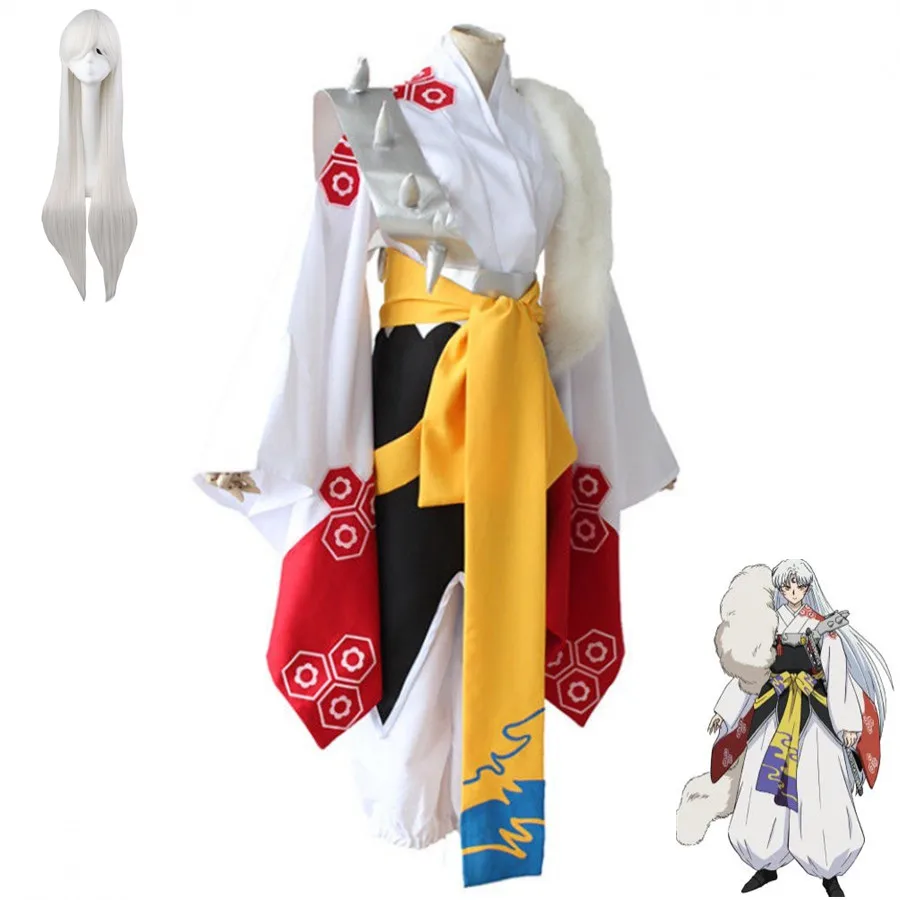

Anime Inuyasha Sesshoumaru Cosplay Costume White Robe Japanese Kimono Combats Wig Adult Man Woman Halloween Christmas Party Suit