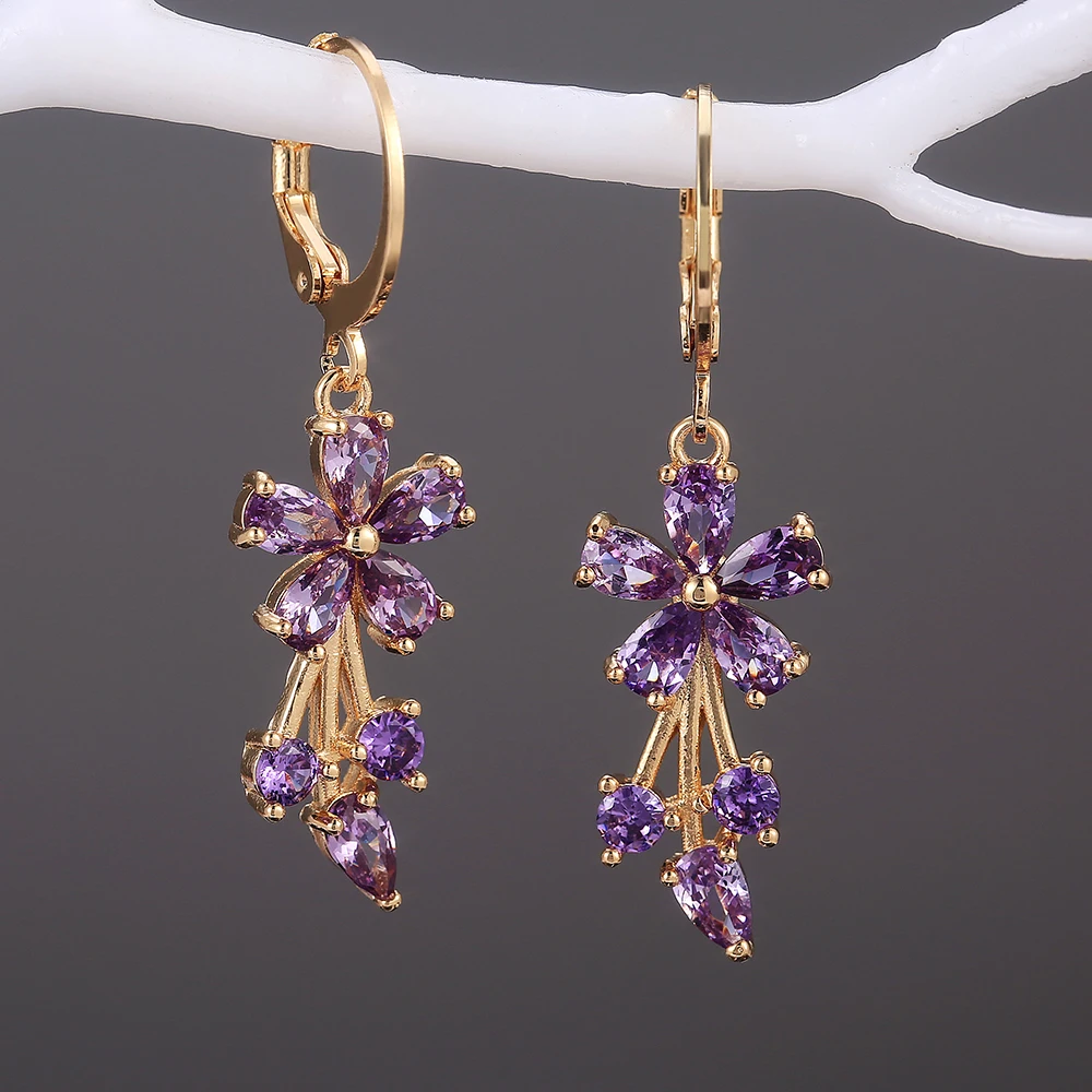 

Huitan Romantic Flower Tassel Women Drop Earrings Brilliant Cubic Zircon 5 Color Elegant Female Accessories Party Trendy Jewelry