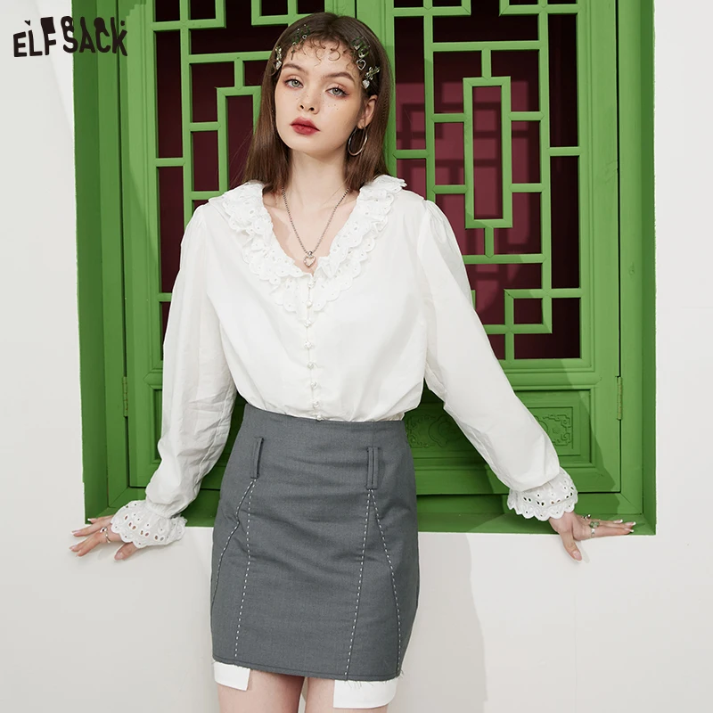 ELFSACK White French Lace Collar Blouses Women 2023 Spring New Casual Tops enlarge