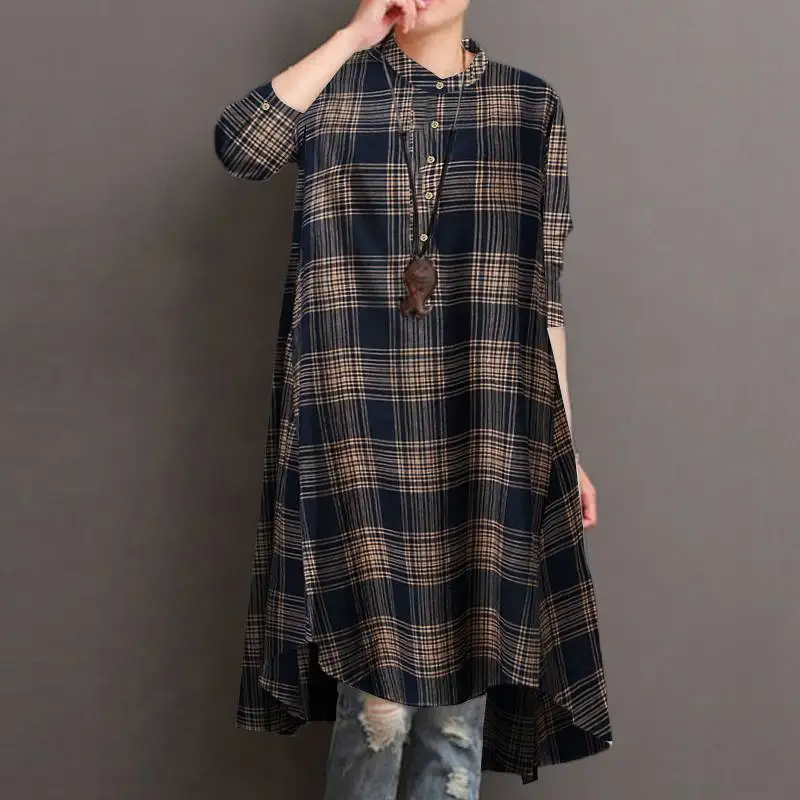 

ZANZEA Elegant O Neck Checked Printed Shirt Women Casual Grid Full Sleeve Long Blouse 2022 Spring Plaid Irregular Hem OL Chemise