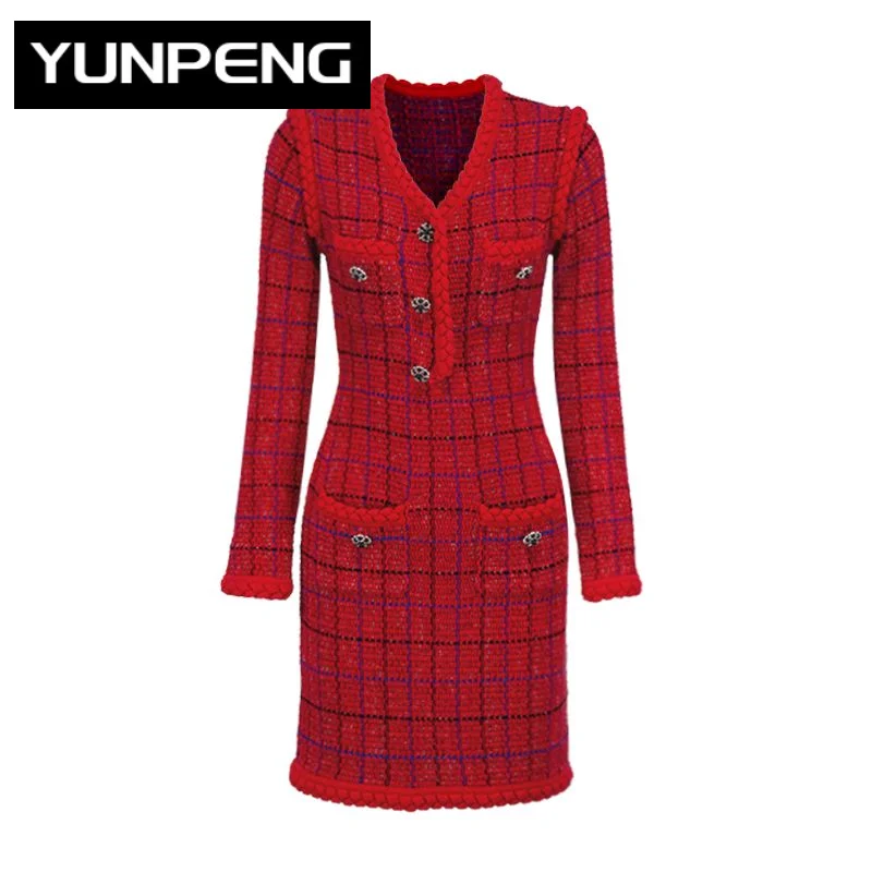 

Dresses For Women 2023 Runway Luxury Delicacy French Style Lady Cloth V-neckline Long Sleeve Knit Tweed Bodycon Mini Dress Red