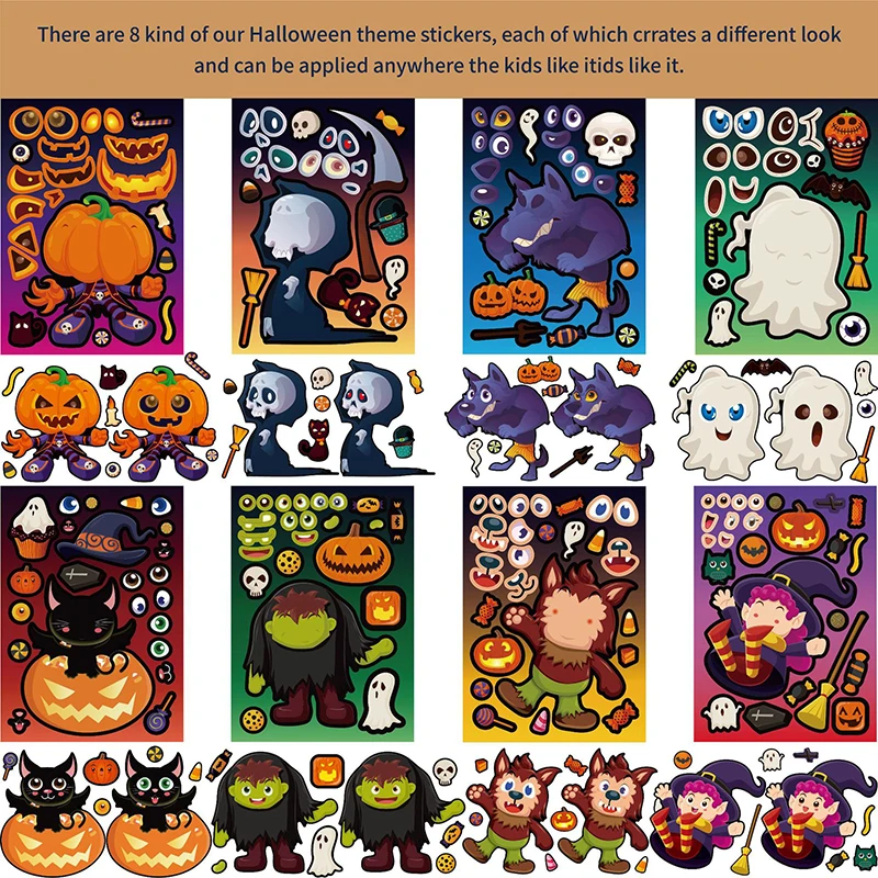 

8Sheets /set DIY Halloween Puzzle Stickers Make-a-Face Games Ghost Vampire Witch Kids Jigsaw Children Education Toys Party Gifts