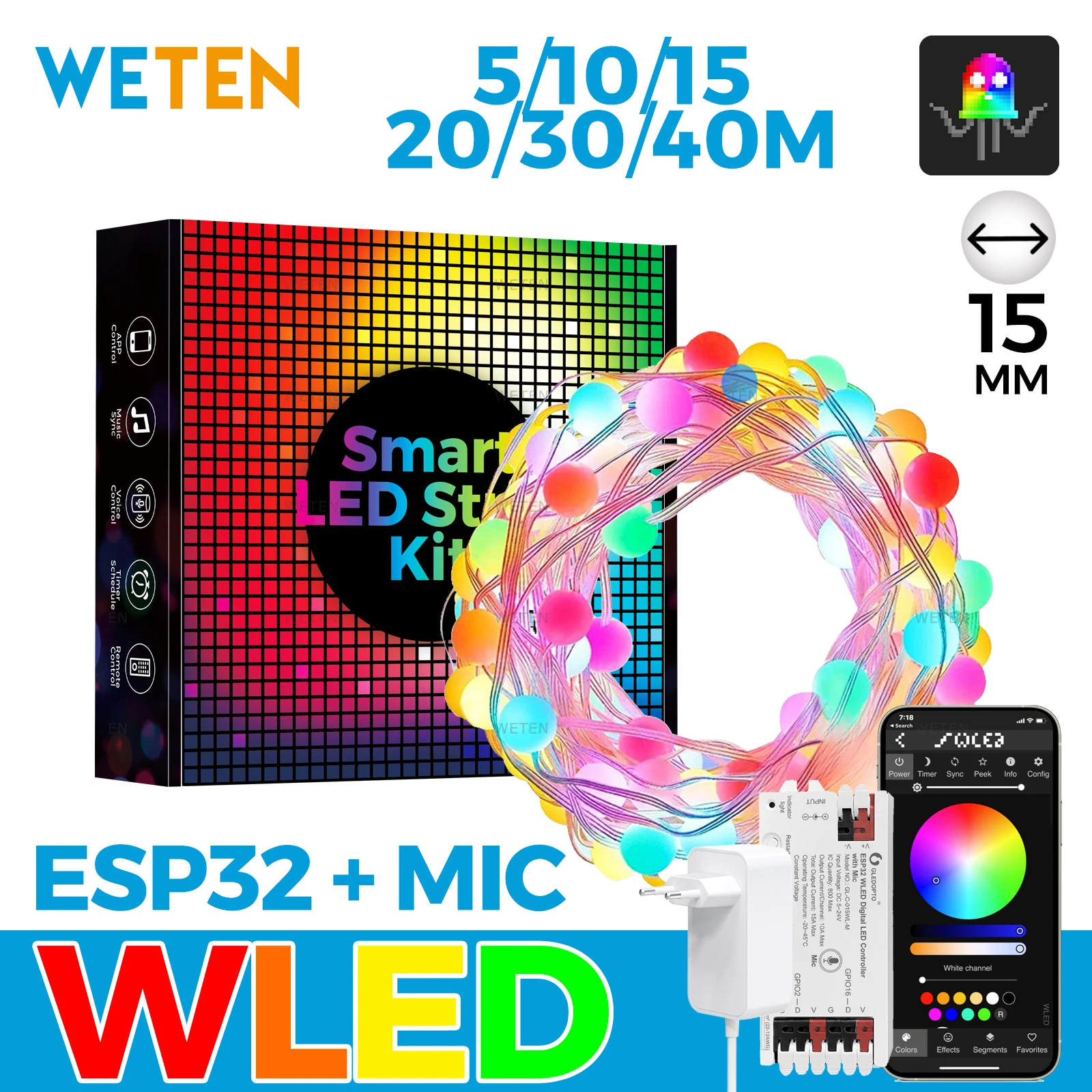 WLED Smart WIFI RGBIC Светодиодная лента Водонепроницаемая уличная RGB лампа Синхронизация