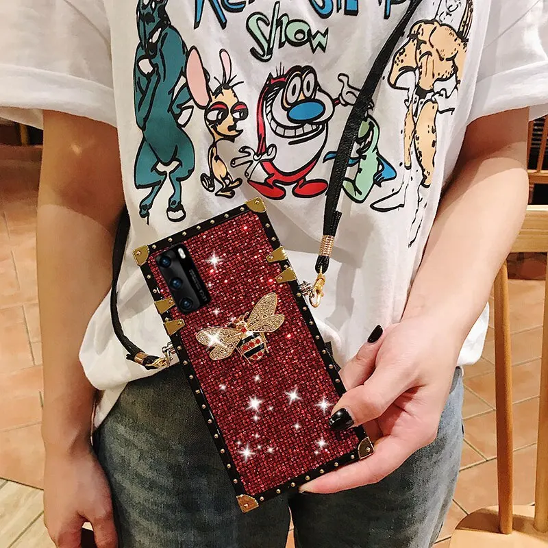 

Luxury Glitter Diamond Bee Crossbody Lanyard Phone Case For Samsung S23 S22 S21 S20 Plus + Ultra Fe Note 20 Silicone Bling Cover