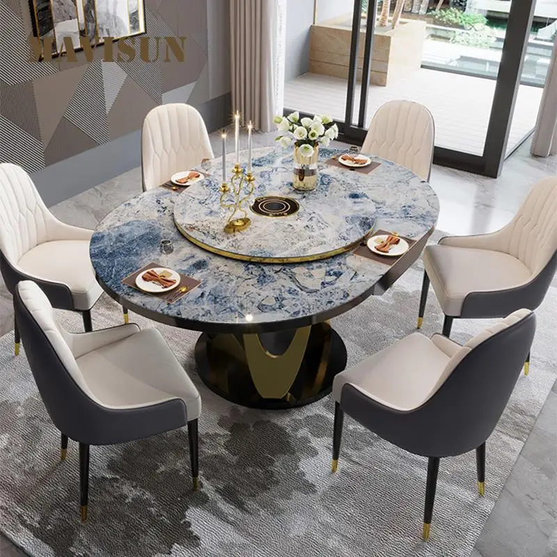 

Customized Rock Slab Retractable Dining Table Italian Household Light Luxury Round Table Coffee Salon Dinette Induction Cooker