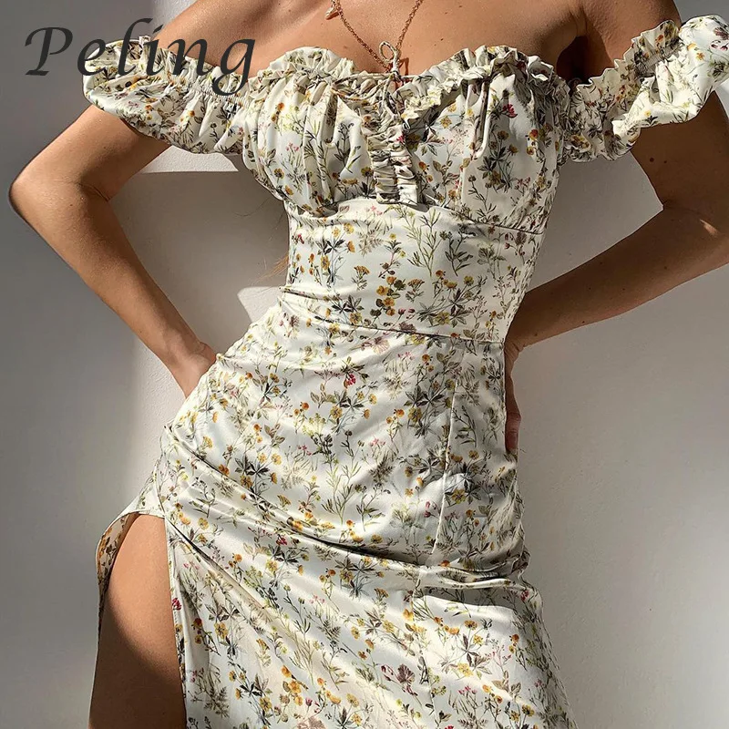 

Peling Summer Bohemian Women Dresses High Split Floral Printed Beach Elegant Dress A-Line Off-Shoulder Fashion Dress Vestidos
