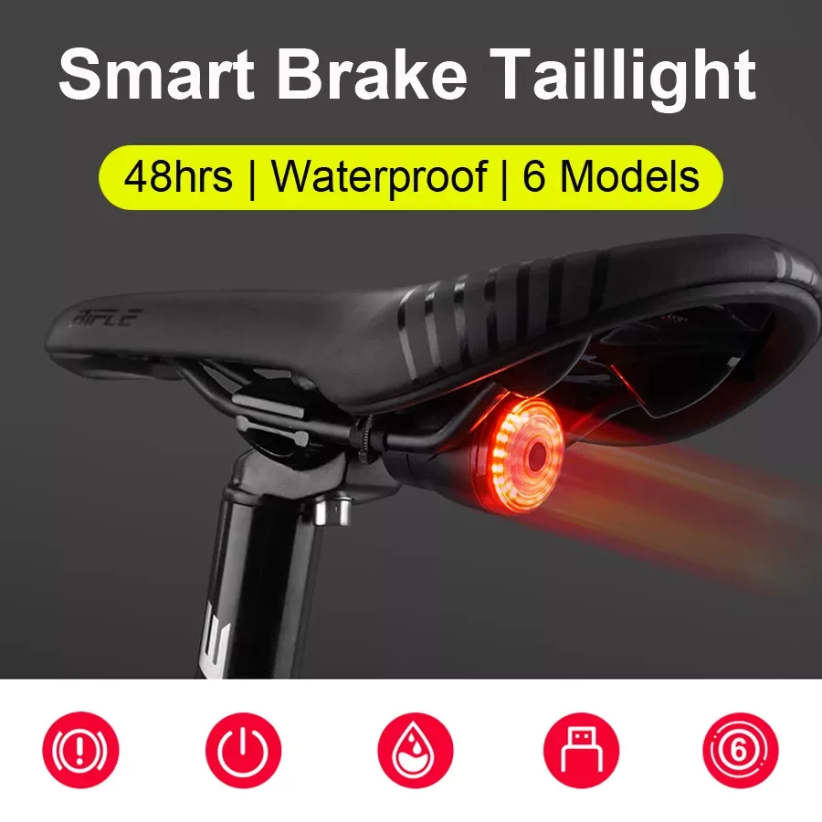 

Tail Rear Light Auto Start Stop Brake IPX6 Waterproof USB Rechargeable Cycling Taillight Bike LED Lights