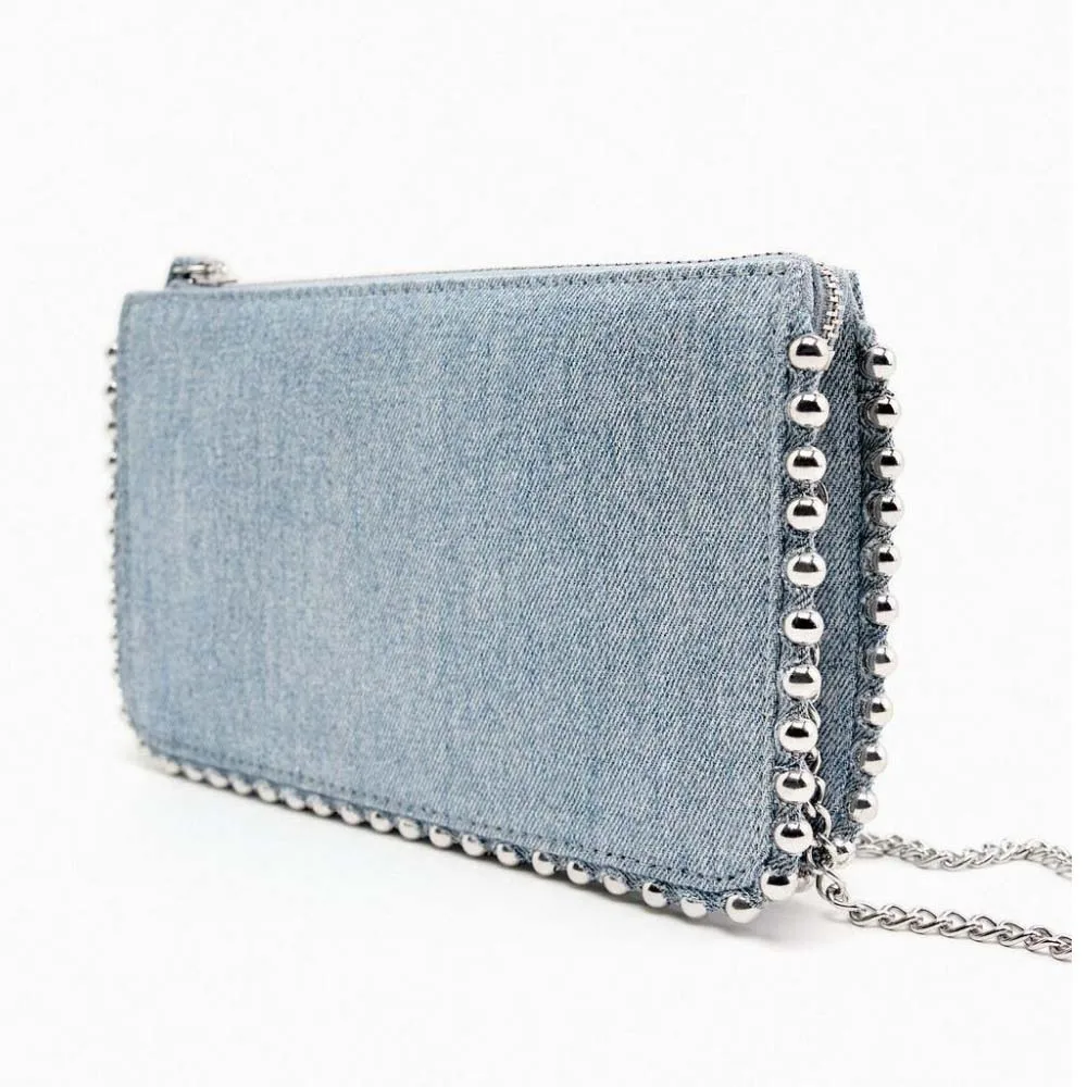 

Blue Denim Crossbody Bags Women Luxury Designer Fashion Vintage Rivet Chain Shoulder Bag Female Simple Versatile Sling Bag