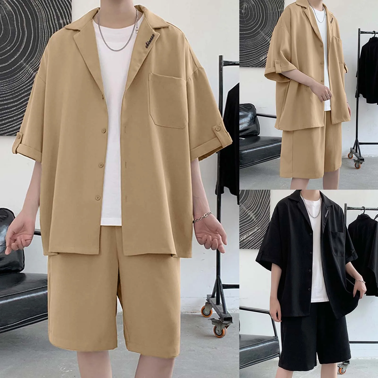 

Mens Express Suits Men Casual Fashion Popularity Stand Collar Half Sleeve Solid Shirt Shorts Suit Mens Suit Slim Fit