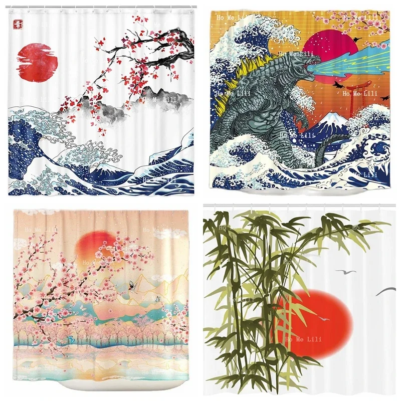 Японское искусство океан весенний цветок вишни красный солнце серый креп