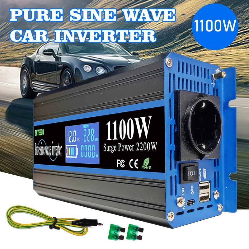 

SUYEEGO 1100w 1000w Pure Sine Wave Inverter DC 12V AC 220V 50Hz Power Bank Inverter Home Car Converter Battery Energy Transfrom