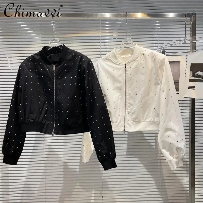 

2022 Spring New Heavy Full Body Rhinestone Zipper Baseball Uniform Fashion Loose All-Match Long Sleeve Jacket for Women