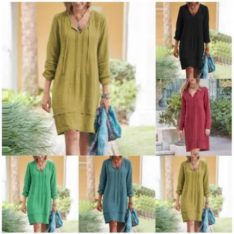 

Женское платье, Новинка лета 2023, однотонное женское платье с длинным рукавом, Повседневная плиссированная офисная элегантная юбка средней ...