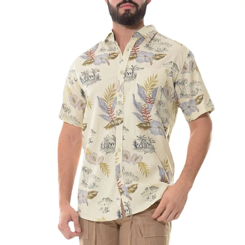 Men Shirt Beach Vacation Summer Print Loose Cardigan Shirt Men's Casual Turn-down Collar Short Sleeve Single-Breasted Shirt Top