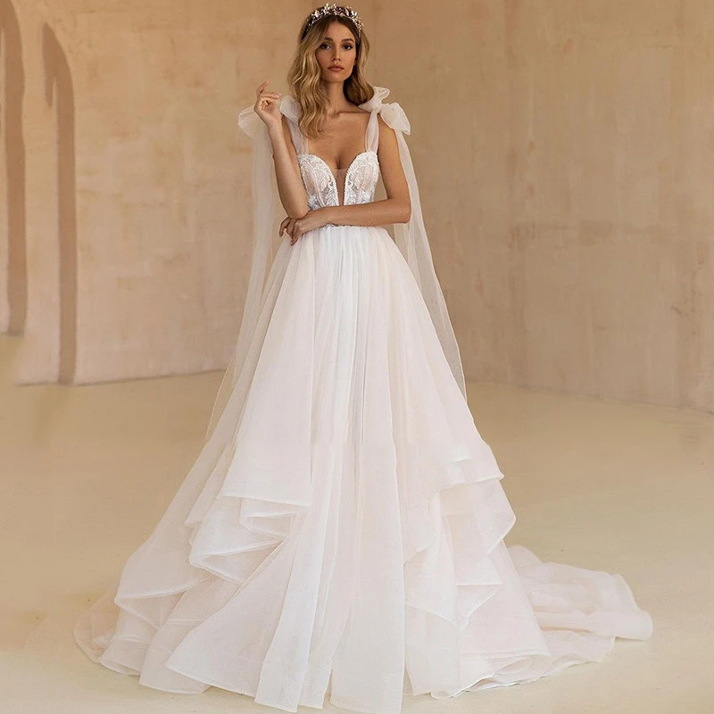 

Luxury Wedding Dress Beading Exquisite Appliques Sleeveless A-Line V-Neck Princess Mopping Gown Vestido De Novia For Women