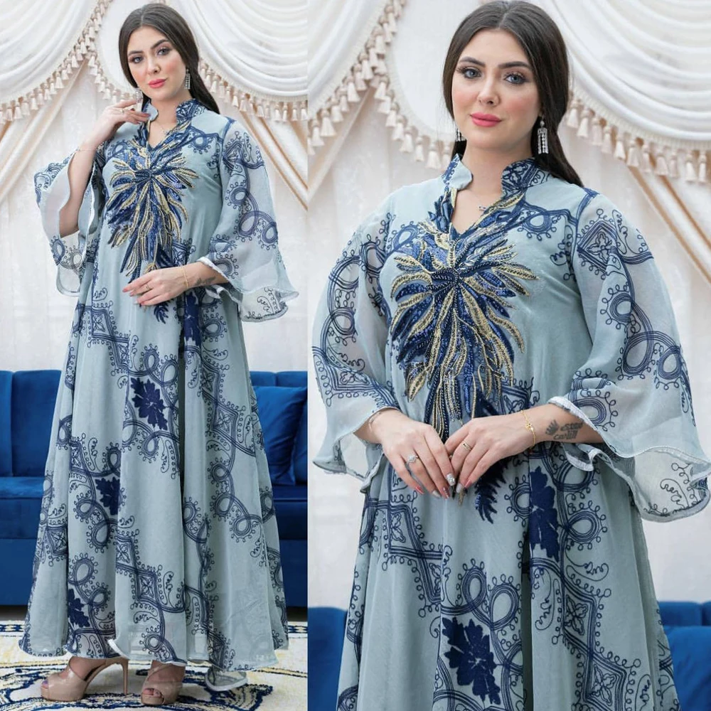 

Moroccan Kaftan Dubai Muslim Women Abaya Dress Embroidered Sequined Plus Size Boubou Elegant Kimono Ankara Dashiki Clothing