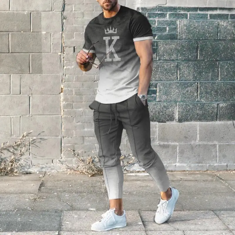 2023 Men's Trousers Tracksuit 2 Piece Set Fashion Sportswear Summer Streetwear Short Sleeve T Shirt+Long Pants Male Clothing