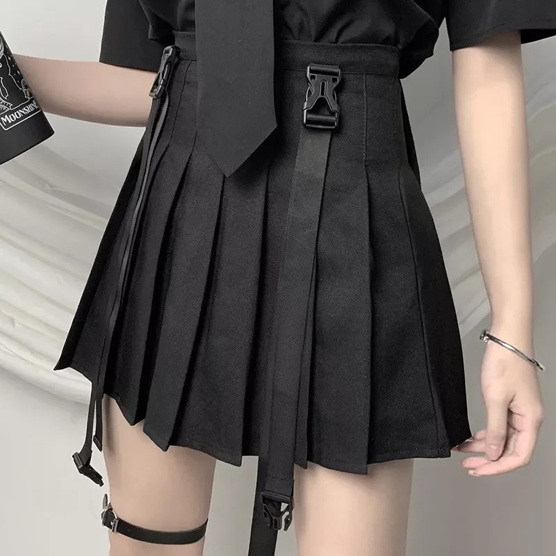 

Women Pleated Black Skirts Harajuku Lolita Street Gothic Japanese School Vintage Skirt with Belt