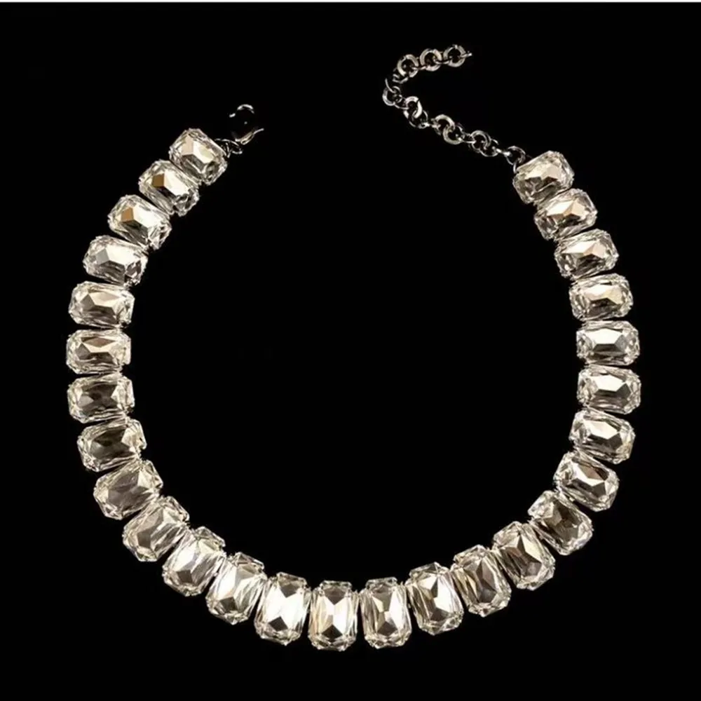 INS Handmade 6 Colors Glass Crystal Necklace Statement Pendant Collar for Women Rhinestone Large Square Choker |