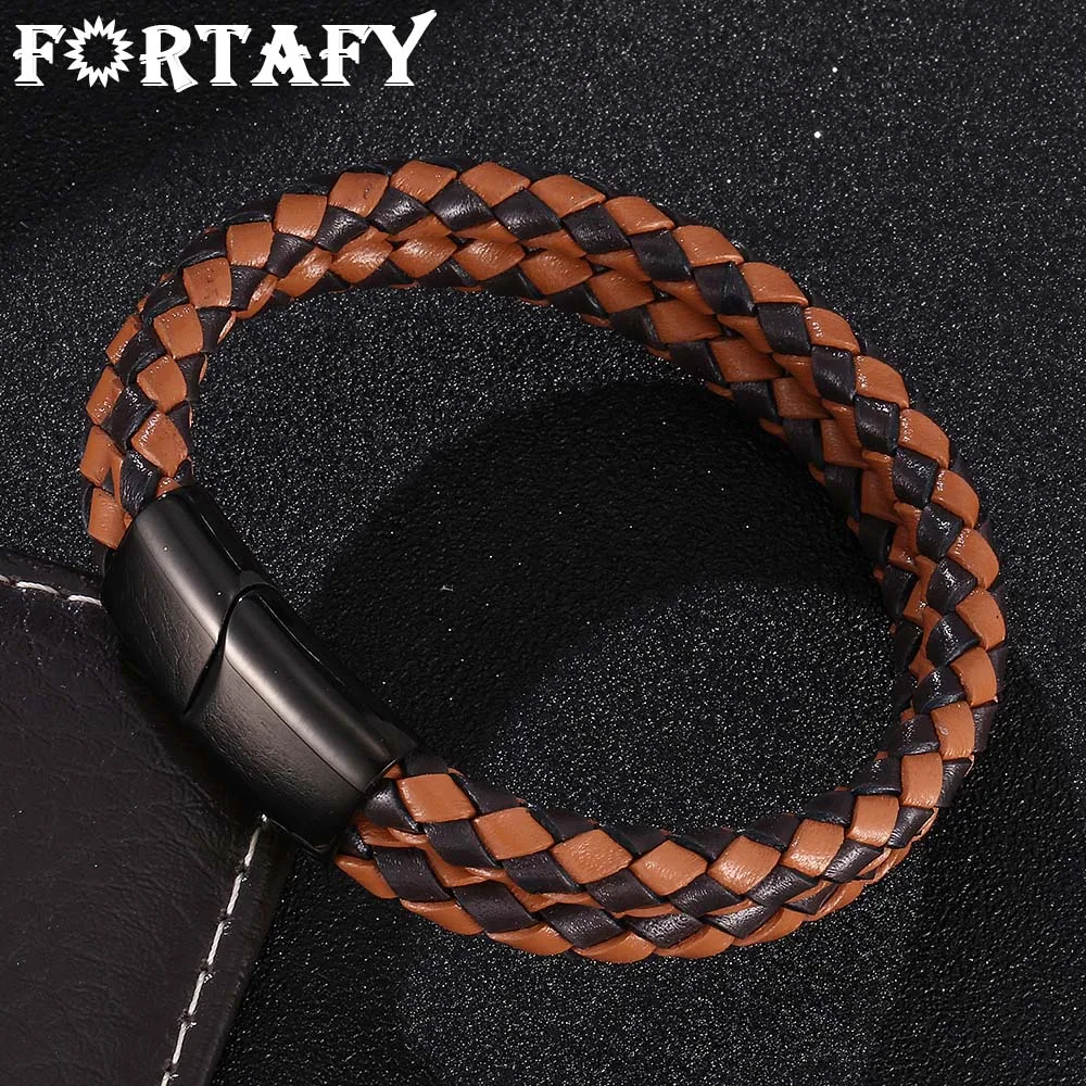 

FORTAFY Men Jewelry Punk Brown Double Braided Leather Bracelet Bangle Stainless Steel Magnetic Clasp Male Wristband Gifts FR0506