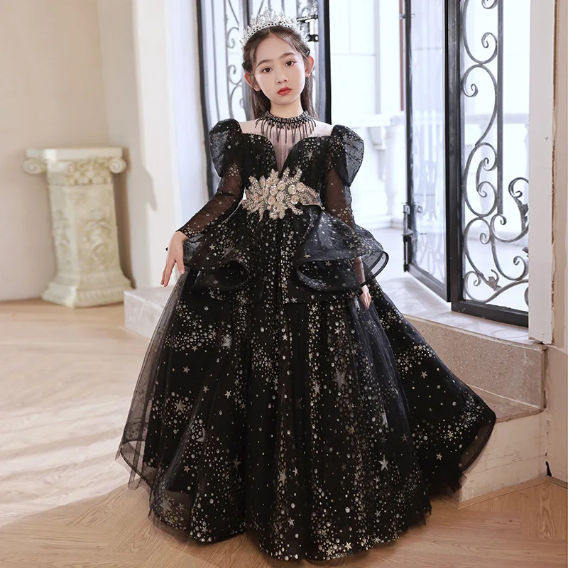 

JICUSYAN Black Girl Princess Dress High-end Flower Little Host Catwalk Children Piano Performance Costume