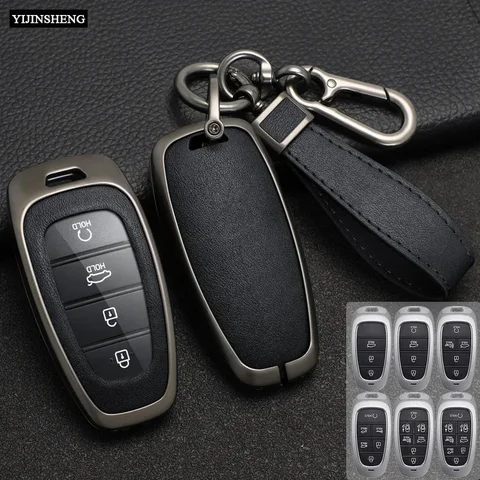 Чехол для автомобильного ключа из цинкового сплава + кожаный чехол для Hyundai Solaris Sonata Hybrid NEXO NX4 New Grand Santa Fe Tucson 2020 2021 2022 2023