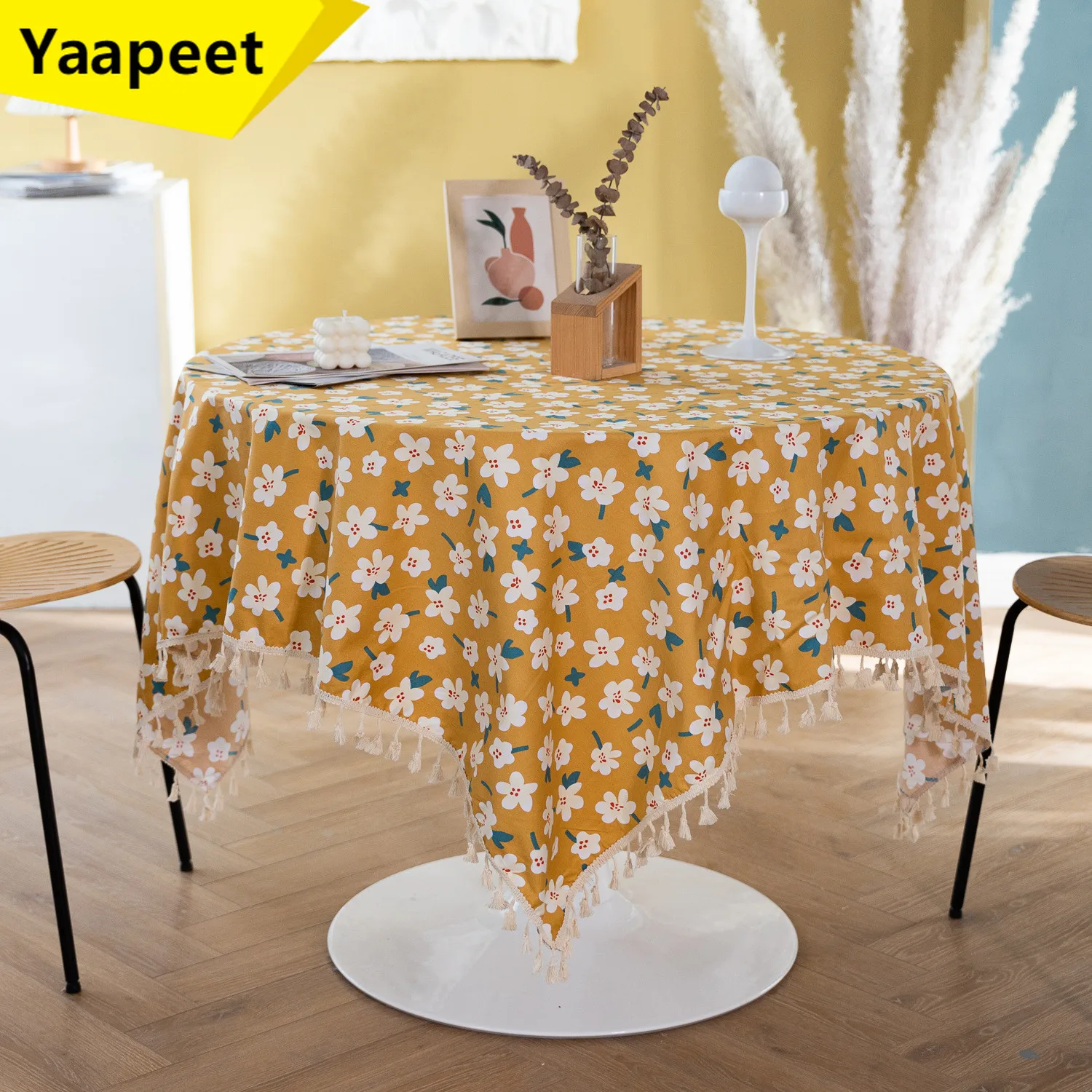 

Yellow Small Round Tablecloth Pastoral Style Floral Oil-proof Tablecloth Pad Desk Coffee Table Cover High-end Home Decoration