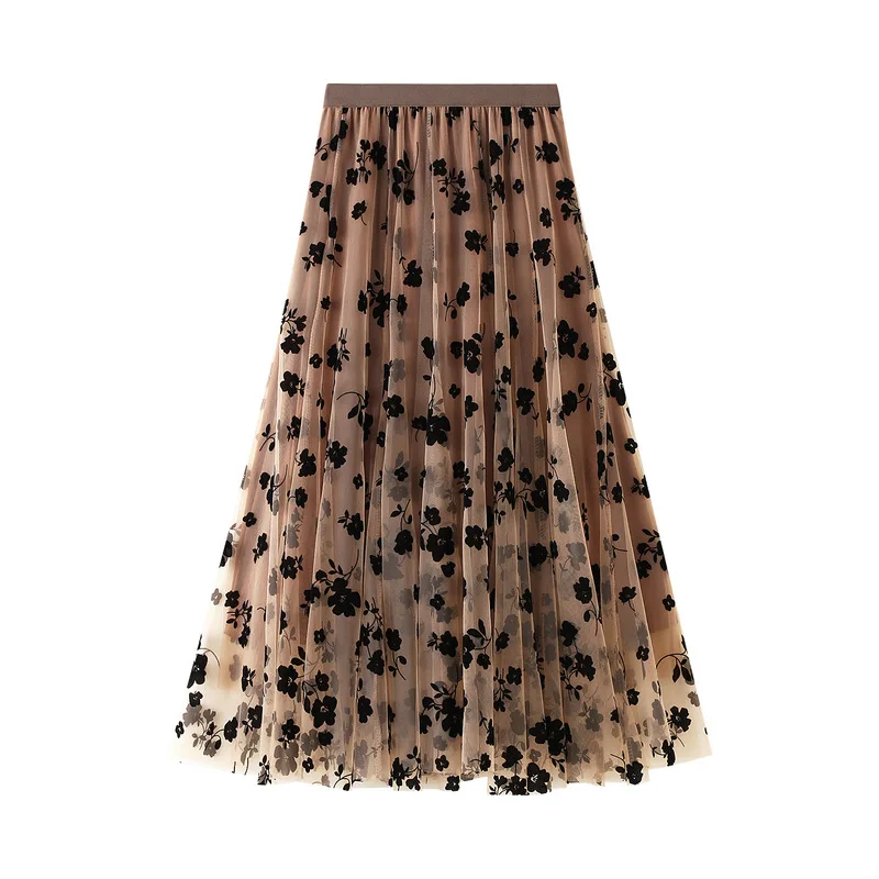 

Spring Summer Fashion Elegant Skirts Womens Flocking Floral Sweet Mesh Print Drape Dress Super Fairy Princess Pleated Mid Skirt