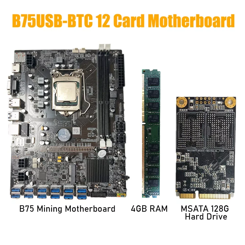 

B75 BTC Miner Motherboard 12xUSB3.0 to PCI-E 16X HDMI-compatible with CPU+4GB RAM+128G MSATA B75 USB BTC Mining Motherboard