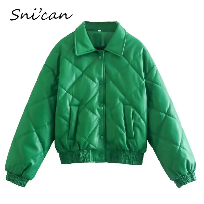 Solid Green Faux Leather Women Outwear Thick Winter Fashion Patchwork Cropped Jacket Coat  bombers Ladies Tops  chaquetas NEw