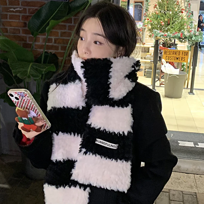 

Autumn And Winter Striped Double Color Plush Scarf Women Cute Simple Shawl Thickened Warmth Student Neck Fashion Accessories