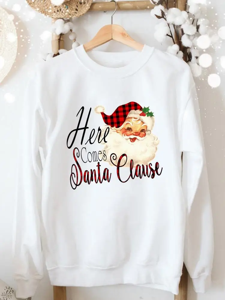 

Women Merry Christmas Fashion Clothes Clothing Festival Plaid Santa Clause Trend 90s Graphic Pullover Cartoon Female Sweatshirts