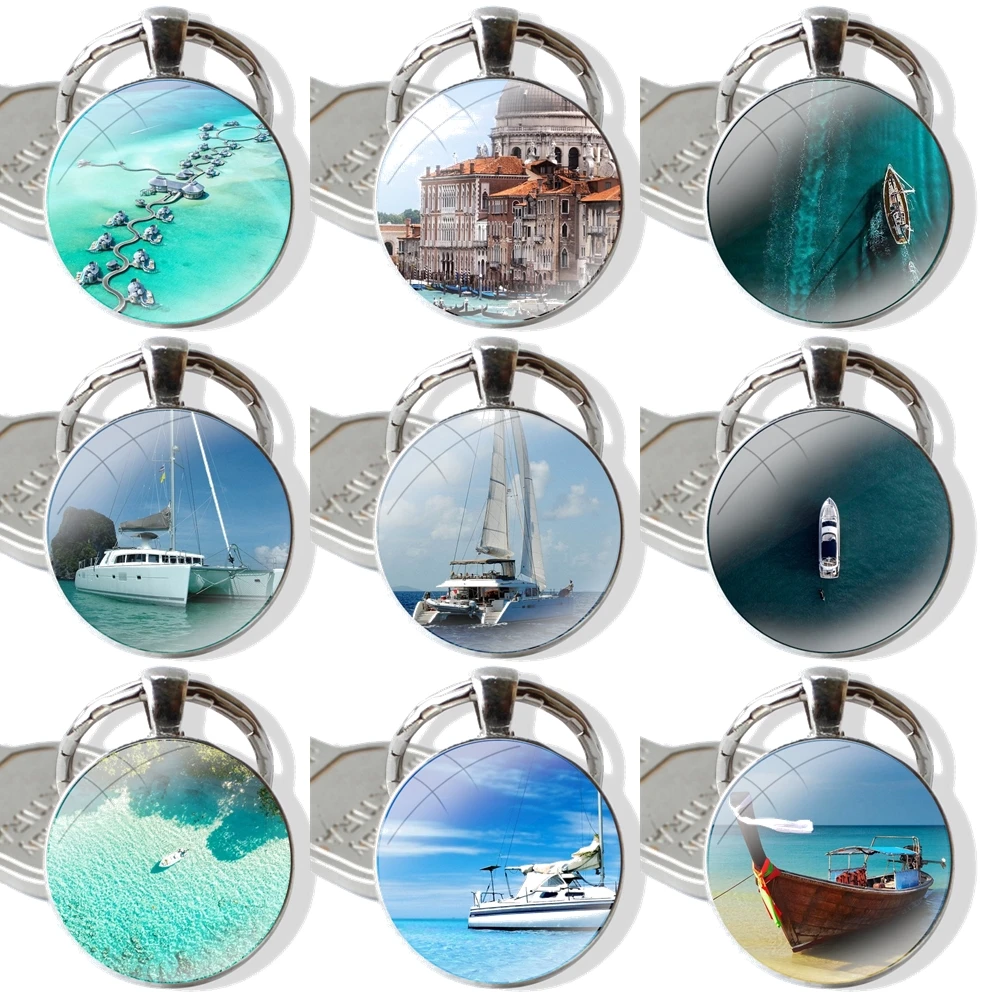 Pendant Car Key Chains Handmade Glass Cabochon Keychain Maldives travel yacht Fashion Creative Cartoon Design
