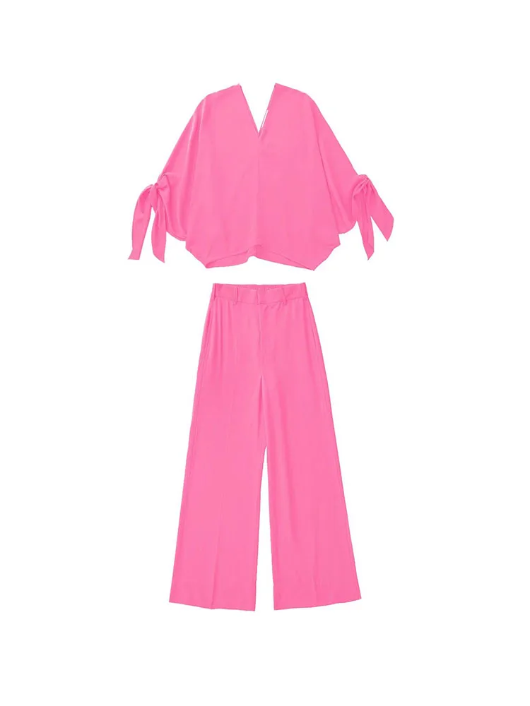 

Women 2022 Summer Sweet Bow Batwing Sleeve 2 Piece Outfits Ornament Drape Blouses Vintage V Neck Female Shirts Wide Leg Pant Set