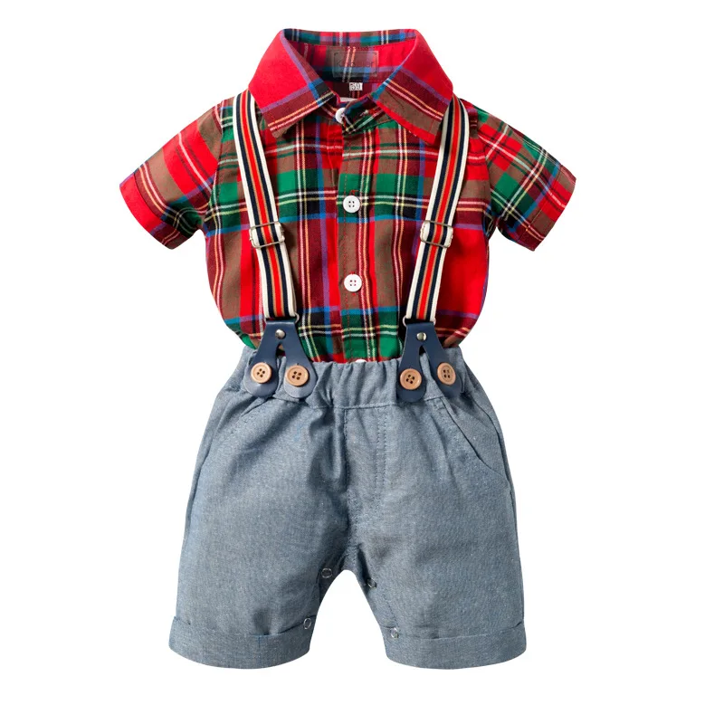 Baby Clothes Boy Gentleman Bow Tie Red Lattice Bodysuits with Suspender Pants Baby First Birthday Outfit for Toddler Wedding