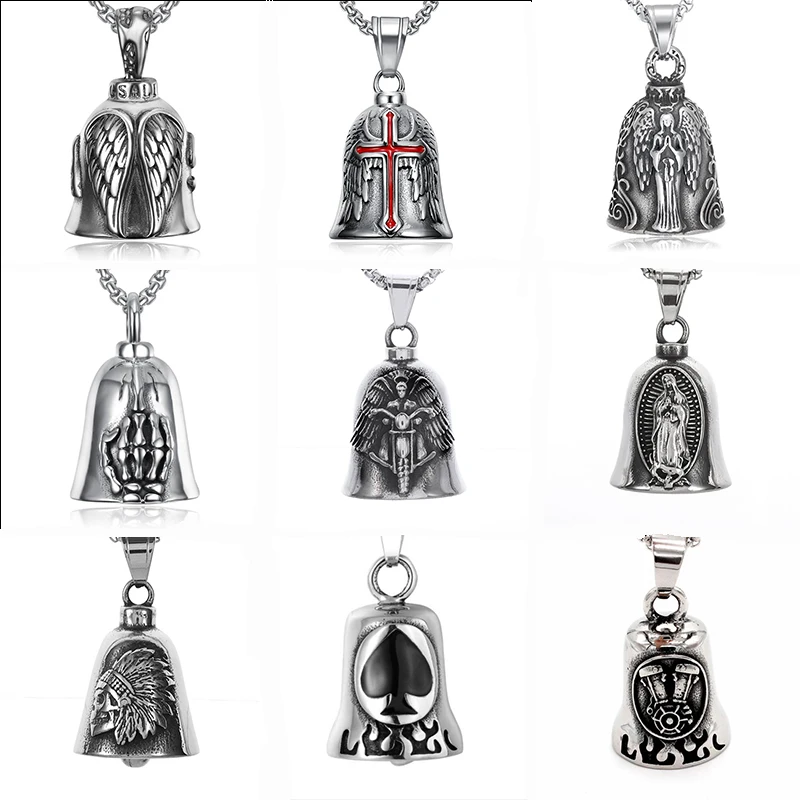 

New Fashion Angel Wings Knight Bell Motorcycle Pendant Necklace Men's Charm Cross Trend Bell Necklace Jewelry Wholesale