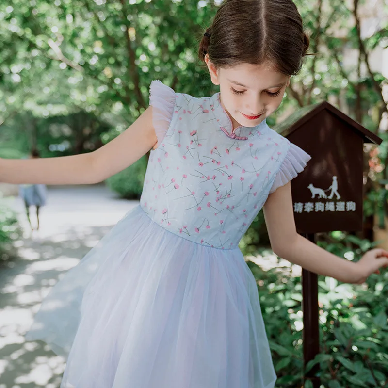 

Chinese Style Kids Traditional Cheongsam Costume Dress Short Sleeve Dress Floral Qipao Top China Princess Party Elegant Dress