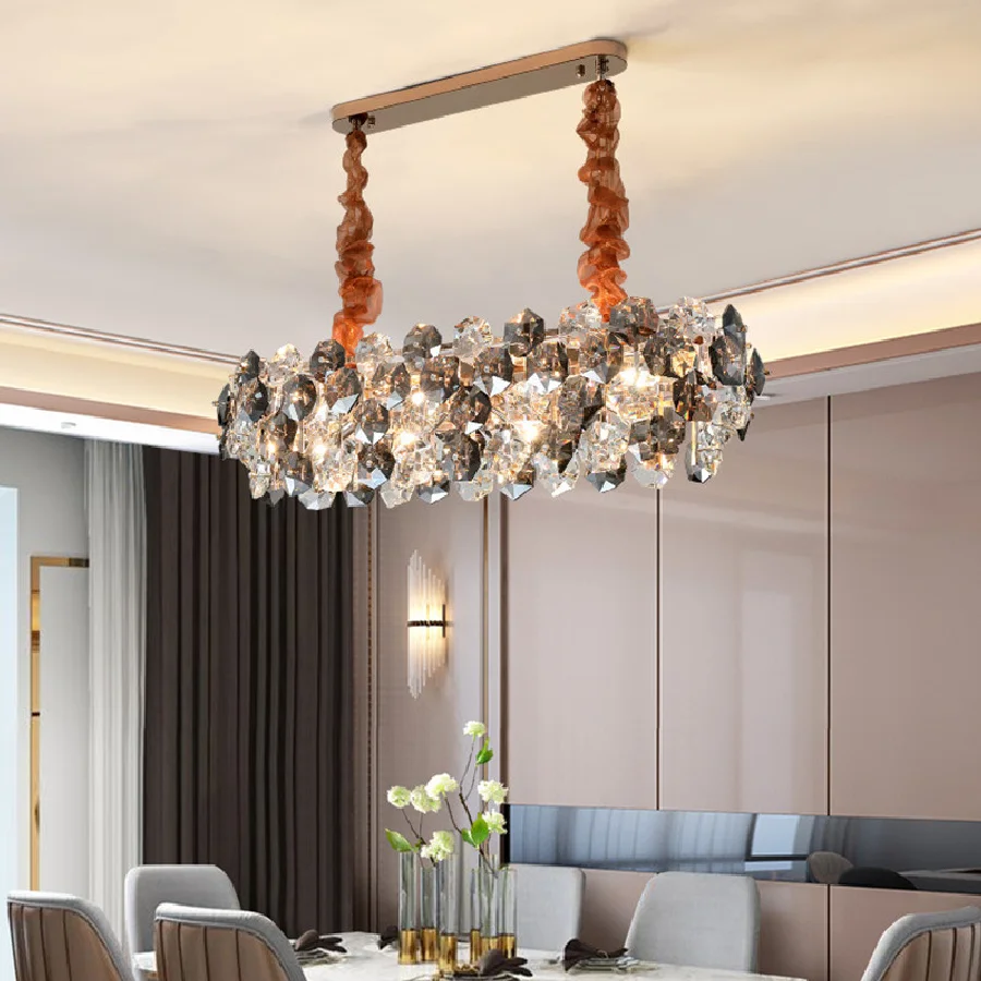 

Luxury Oval Shiny Gold E14 Led Pendant Light Dining Room Lustre Gray Clear Crystal Led Chain Hanging Lamp Home Deco Light Lamp