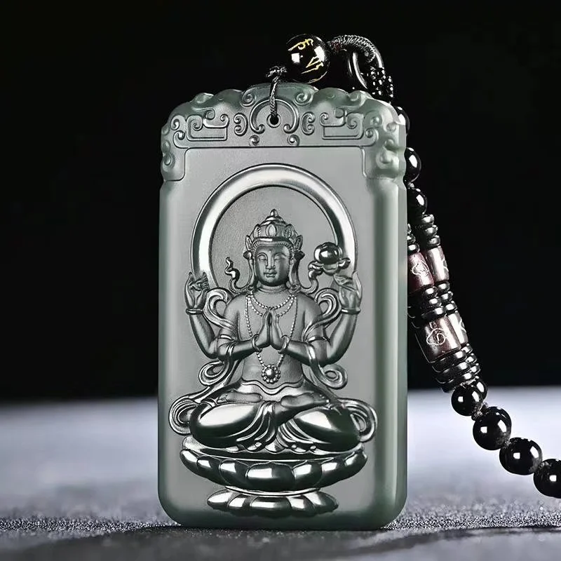

Hot Selling Hand-carve Cyan Jade Four-armed Guanyin Buddha Statue Necklace Pendant Fashion Jewelry MenWomen Luck Gifts