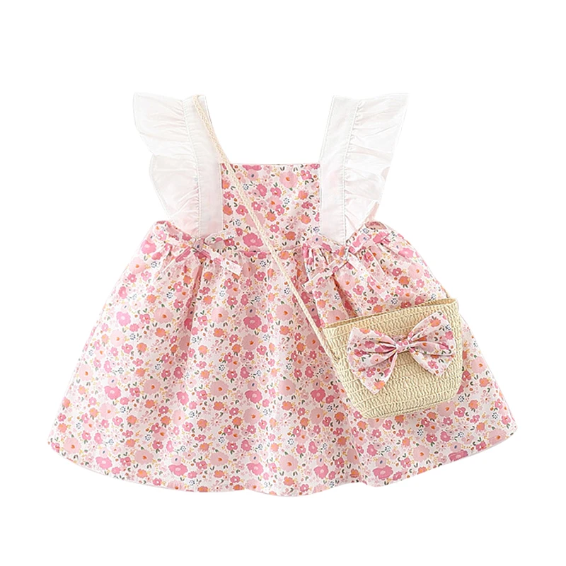 

2Piece Summer Infant Girl Clothes Korean Fashion Casual Cute Cotton Baby Princess Flowers Dress+Bag Newborn Clothing Set BC2189