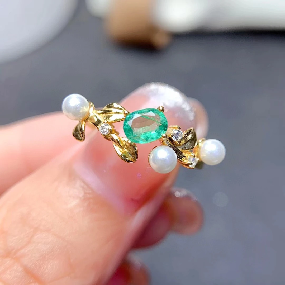 

MeiBaPJ Natural Emerald Gemstone Fashion Pearl Ring for Women Real 925 Sterling Silver Charm Fine Wedding Jewelry