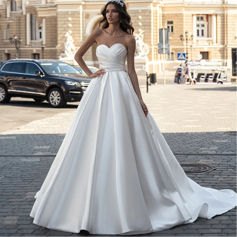 

Elegant A-Line Strapless Sleeveless Wedding Dresses 2022 Backless Satin Princess Button Bridal Gowns For Women Vestidos De Noiva