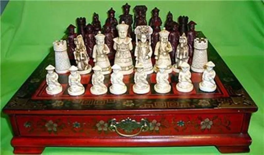 decoration brass factory Pure Brass Antique Chinese Qing Character 32 pieces chess set & Leather Wood Box Flower Bird Table