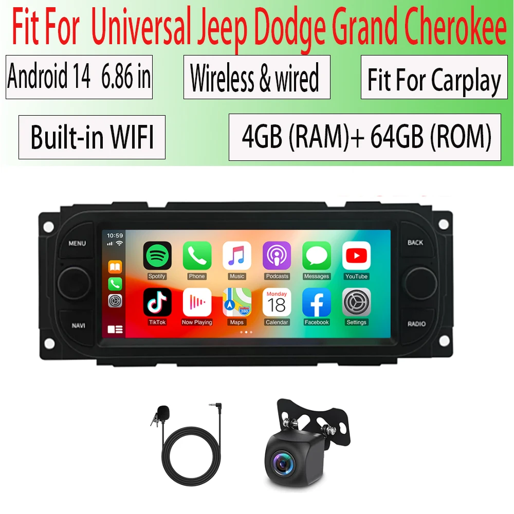 

Автомобильная стереосистема Android 14, универсальная модель для Jeep Dodge Grand Cherokee для CarPlay Android, GPS-навигация, автомобильный плеер FM/RDS