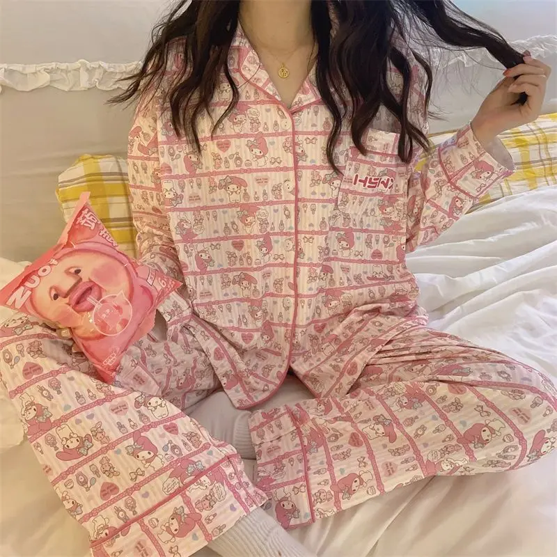 

Kawaii Mymelody Pajamas Ins Sanrio Kuromi Crayon Shin-Chan Female Autumn Students Cartoon Striped Girls Home Clothes Suit Gift