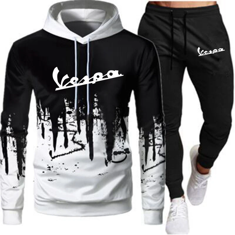

2021 Autumn Spring Men's Hoodies+Sweatpants Sets Black Hooded Sweatshirts Fashion Slim Fit Male Vespa Hip Hop Pullover Hoody